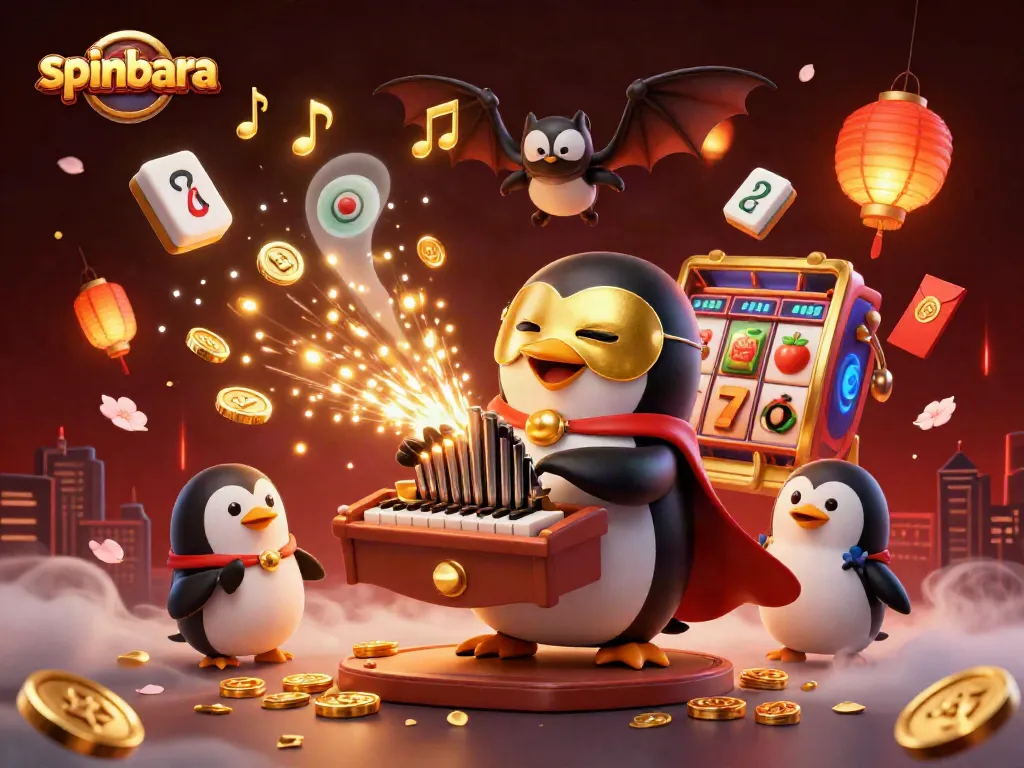 Spinbara casino illustration featuring vibrant characters surrounded by slot reels, golden coins, and festive decorations.