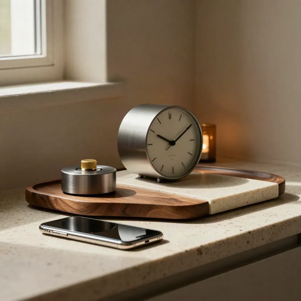 Sistema de productividad con reloj, temporizador, bandeja modular y móvil boca abajo sobre piedra.