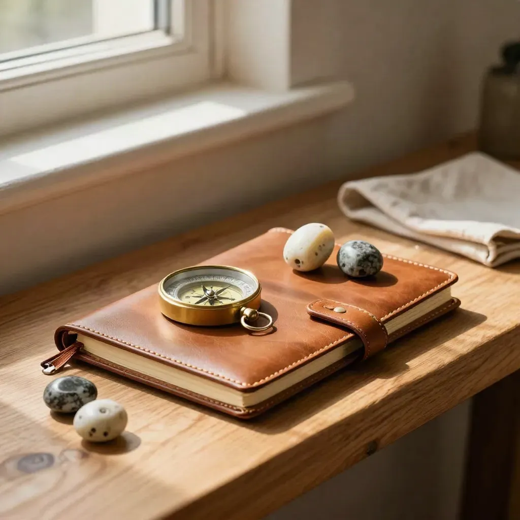Cuaderno de piel, brújula y fichas de piedra sobre banco de roble con luz cálida.