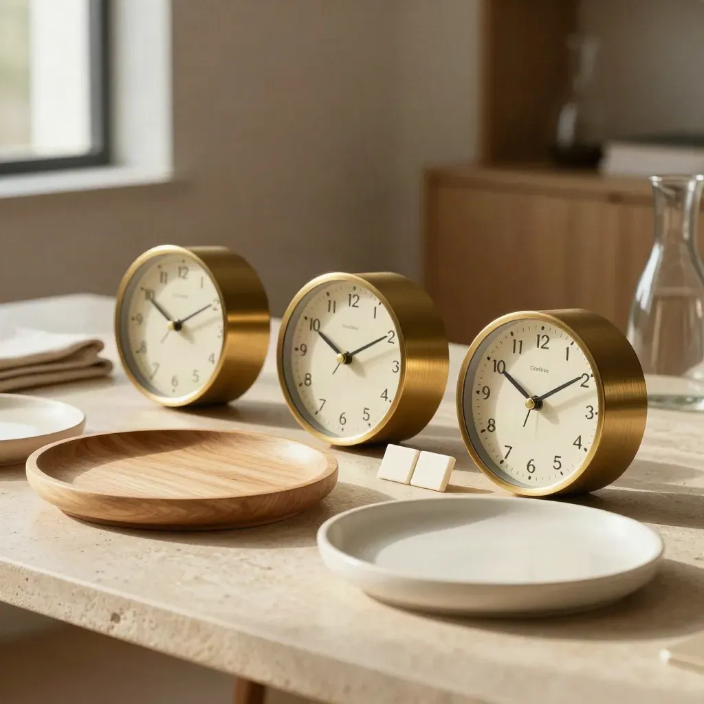 Tres relojes de escritorio y dos bandejas ordenadas sobre una mesa clara, con luz cálida.