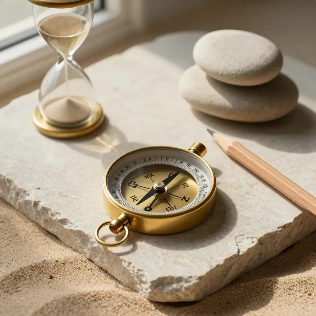 Brújula, reloj de arena y lápiz sobre piedra con luz suave.