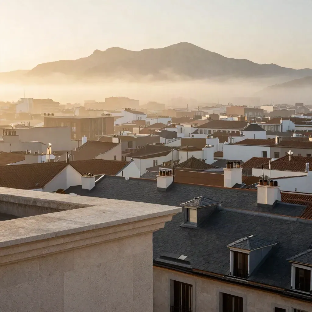 Azoteas de Madrid al amanecer con la Sierra al fondo y niebla dorada sobre la ciudad.