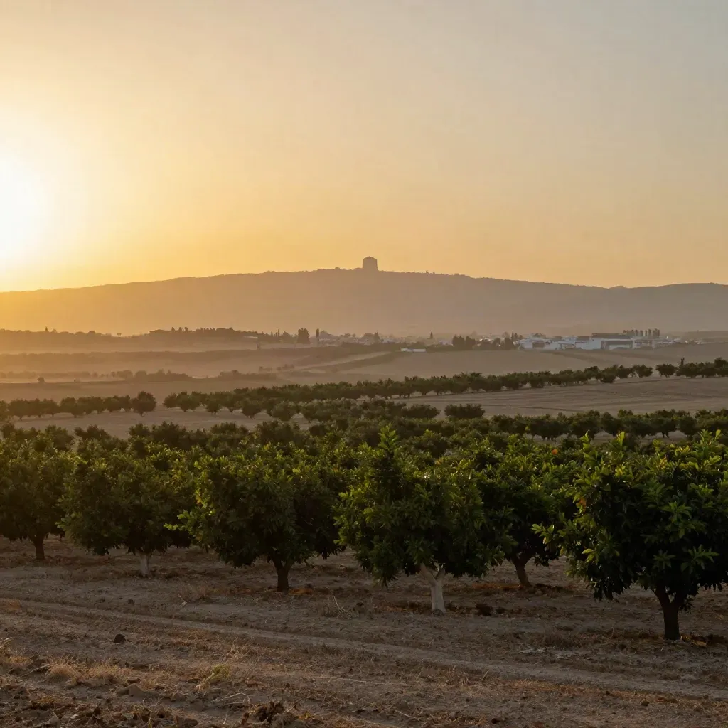 Huerta de naranjos al atardecer con la silueta lejana de Valencia y calima suave.