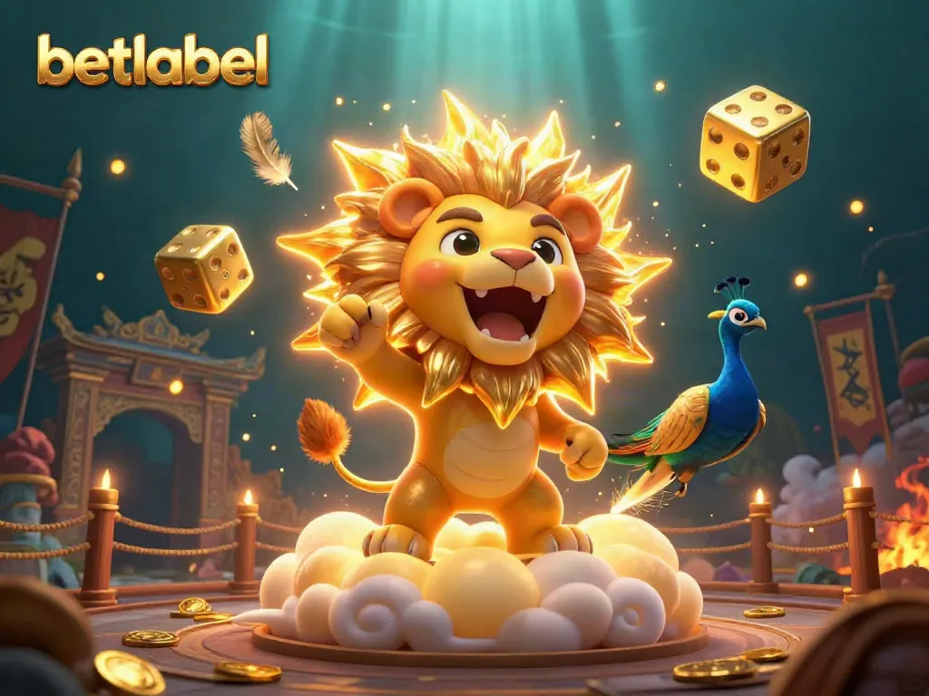 Experience the dynamic gaming world of betlabel as golden dice and a roaring lion create excitement.